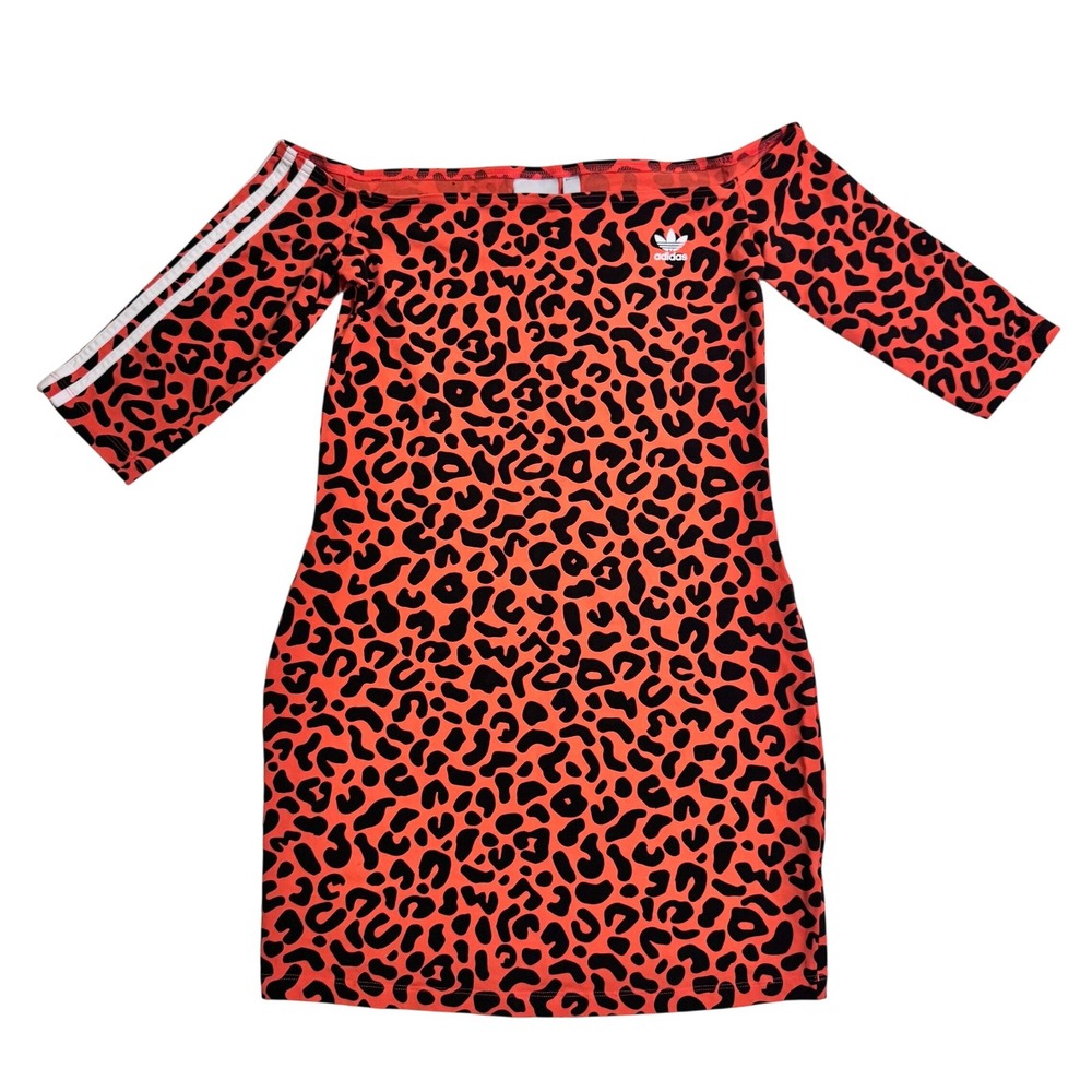 Adidas Originals x Rich Mnisi Dress Medium Orange Leopard Off Shoulder 3 Stripe